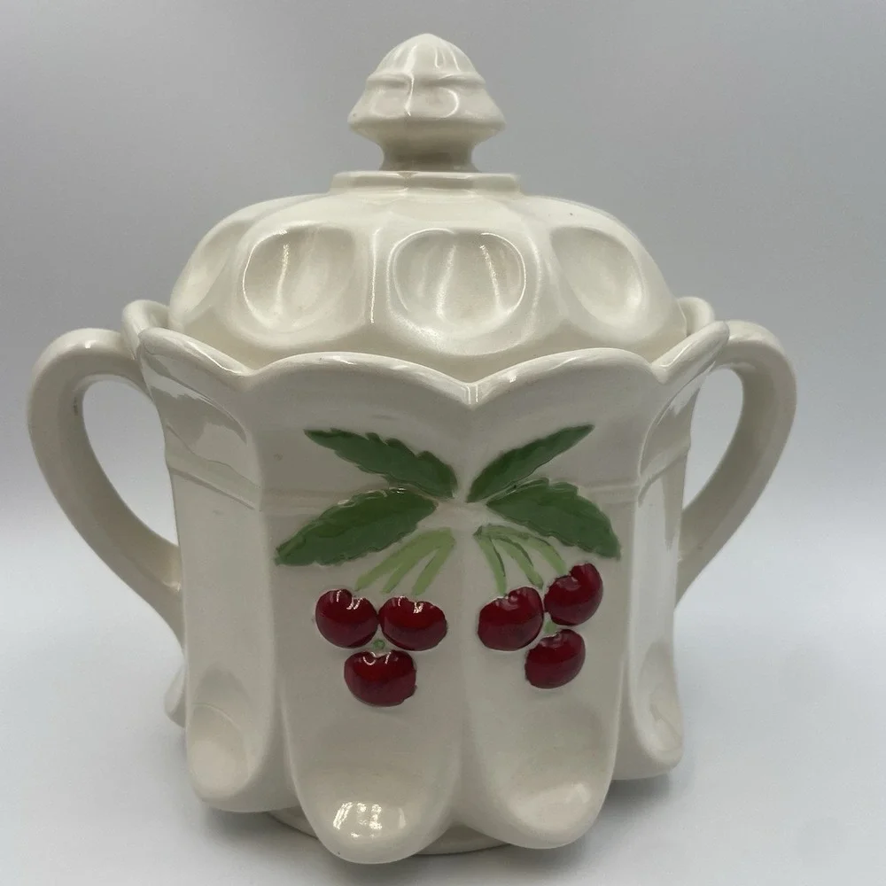Vintage Hand‎ painted White Ceramic Cookie Jar With Lid -Red Cherries Thumbprint